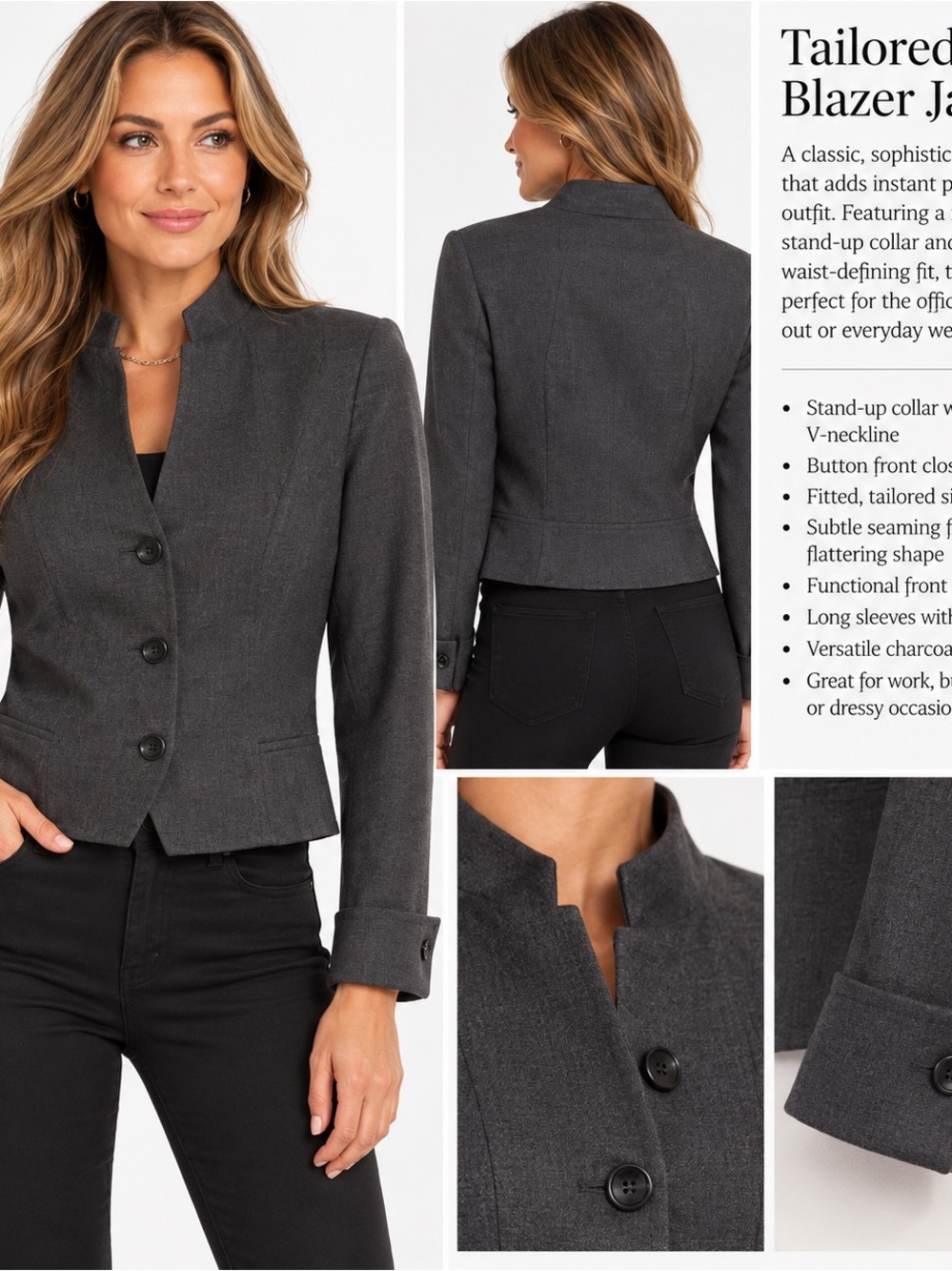 Tailored Stand-Up Collar Blazer Jacket - Charcoal Gray